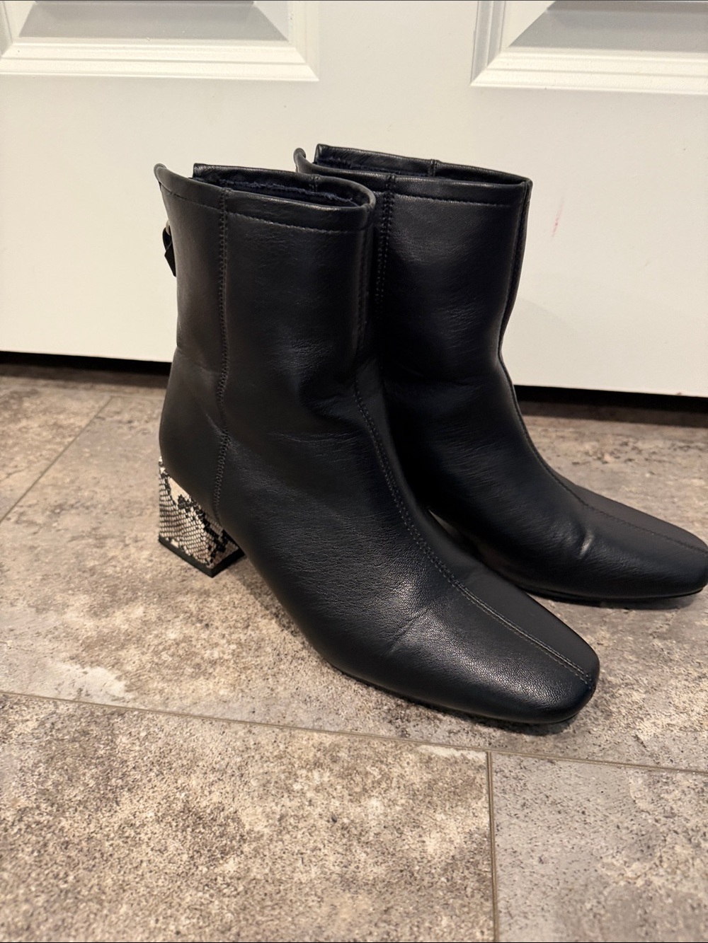 Women's Black Square-Toe Ankle Boots with Patterned Block Heel